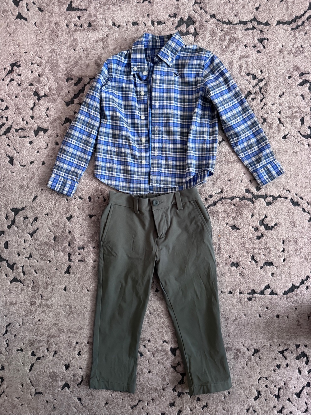 Vineyard Vines Toddler Blue Plaid Button-Up Shirt & Olive Green Pants Set